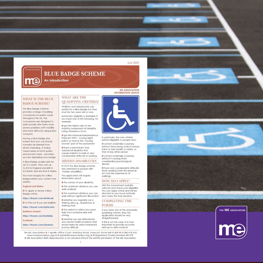 IMAGE DESCRIPTION: An image of empty disabled parking spaces. With an overlay of the first page of the leaflet (bottom left) and the ME Association logo (bottom right).
