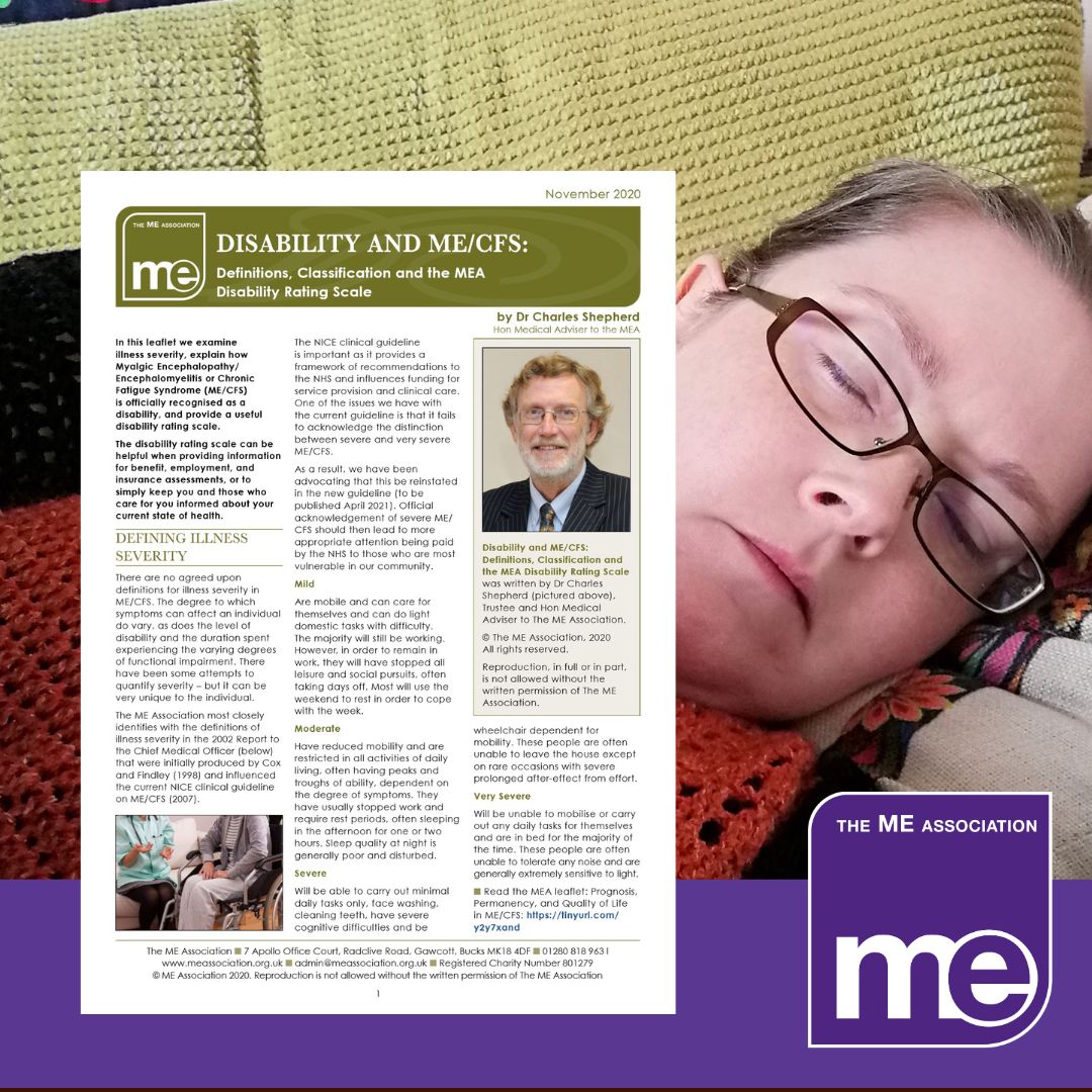 IMAGE DESCRIPTION: An image of a lady with ME/CFS in bed suffering from the debilitating symptoms. With an overlay of the first page of the leaflet (bottom left) and the ME Association logo (bottom right).