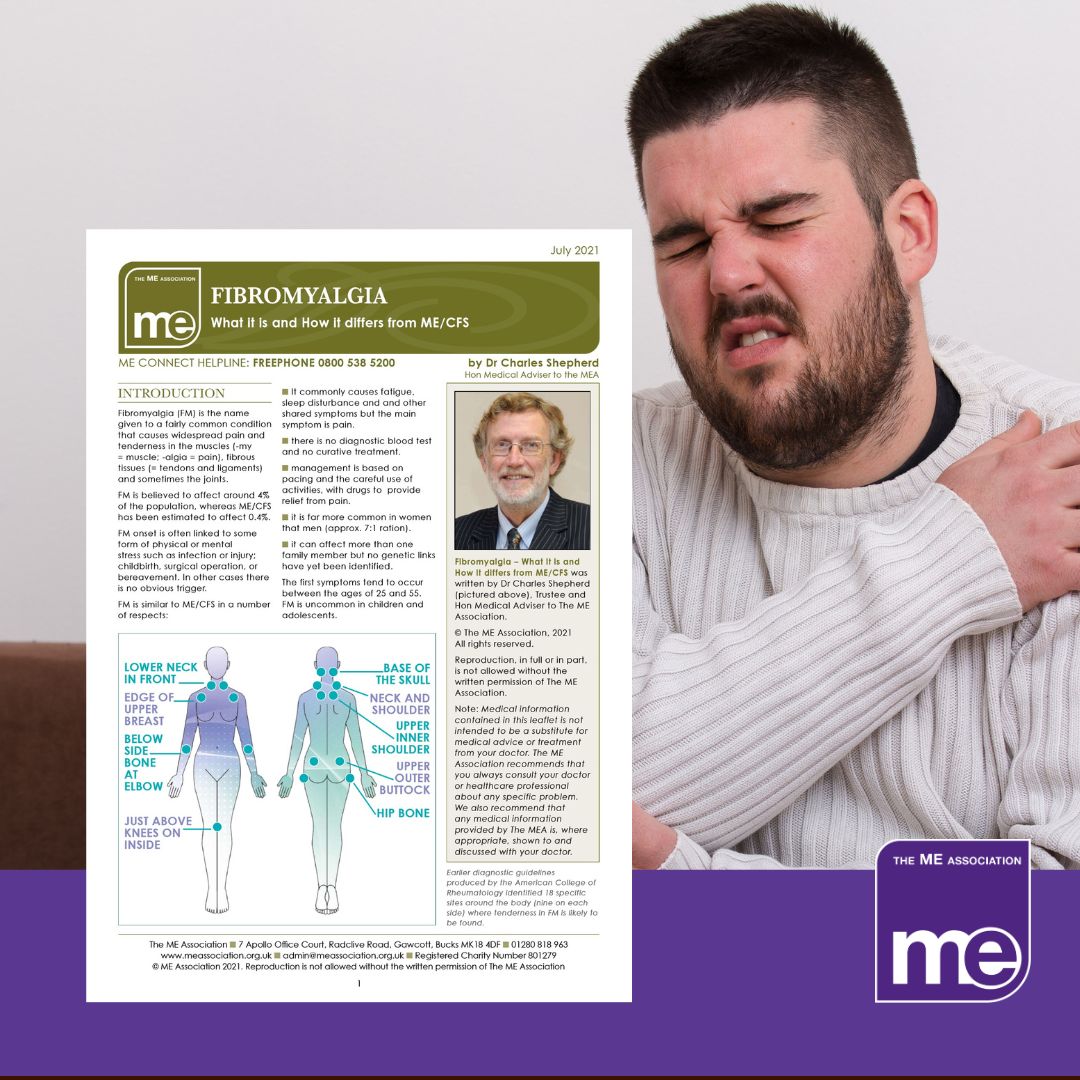 IMAGE DESCRIPTION: An image of a man experiencing chronic pain. With an overlay of an image of the first page of the leaflet (bottom left) and the ME Association logo (bottom right).