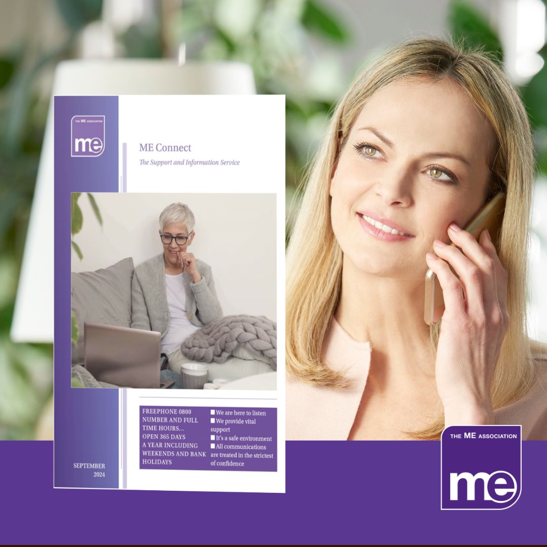 IMAGE DESCRIPTION: An image of a lady answering the telephone with the cover of the booklet on left hand side. The ME Association Logo (bottom right)