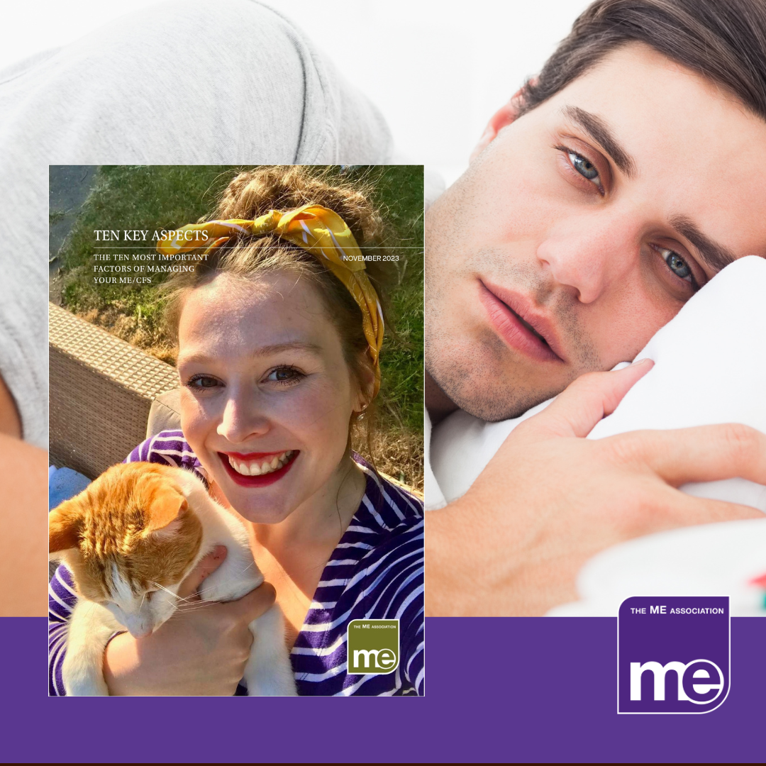 IMAGE DESCRIPTION: A man ill in bed to represent having ME/CFS with the cover of the booklet on left hand side. The ME Association Logo (bottom right)