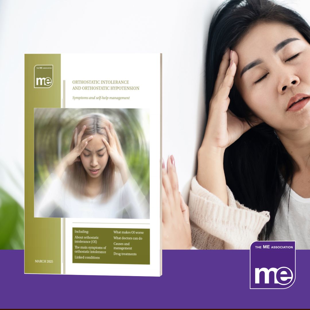 IMAGE DESCRIPTION: A image of a lady leaning against the wall due to dizziness (OI). With an overlay of the first page of the leaflet (bottom left) and the ME Association logo (bottom right).