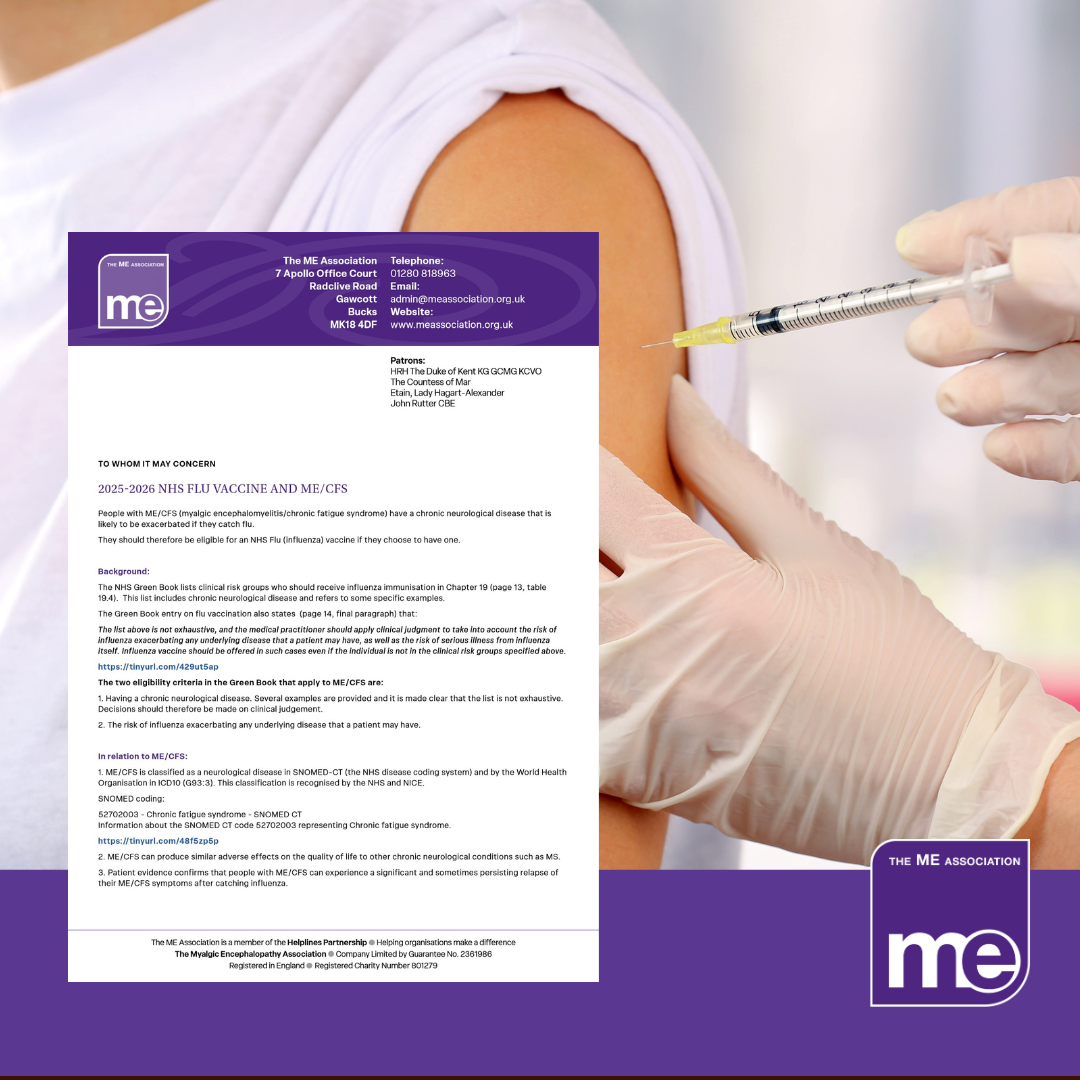 IMAGE DESCRIPTION: A person having the flu vaccination with the first page of the letter to the left. The ME Association Logo (bottom right)