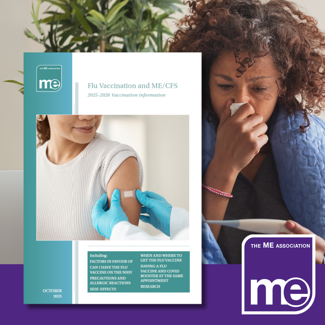 ME Association Flu guidance leaflet for 2025 showing a poorly person and someone having a plaster applied to their arm