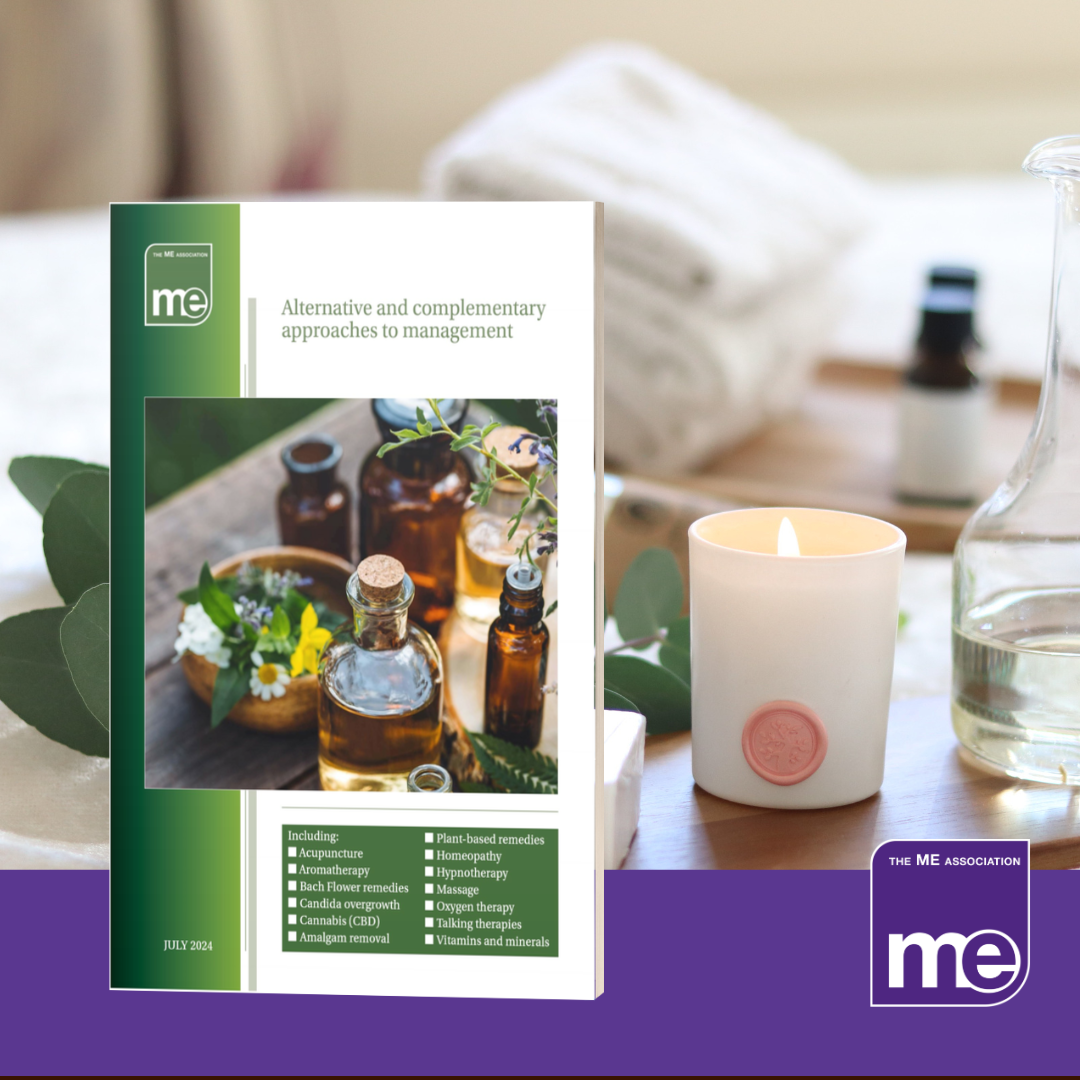 IMAGE DESCRIPTION: An image of a alternative and complementary therapy room with the cover of the booklet. The ME Association Logo (bottom right)