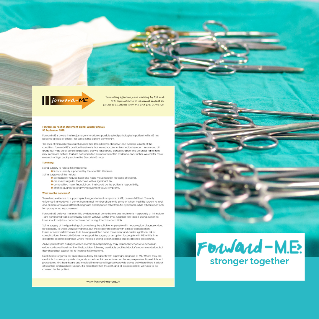 IMAGE DESCRIPTION: An image of a sterile surgical pack open ready for use. The graphic has the first page of the leaflet 0 Forward-ME Position Statement: Spinal Surgery and ME - with the Forward ME logo (bottom right)