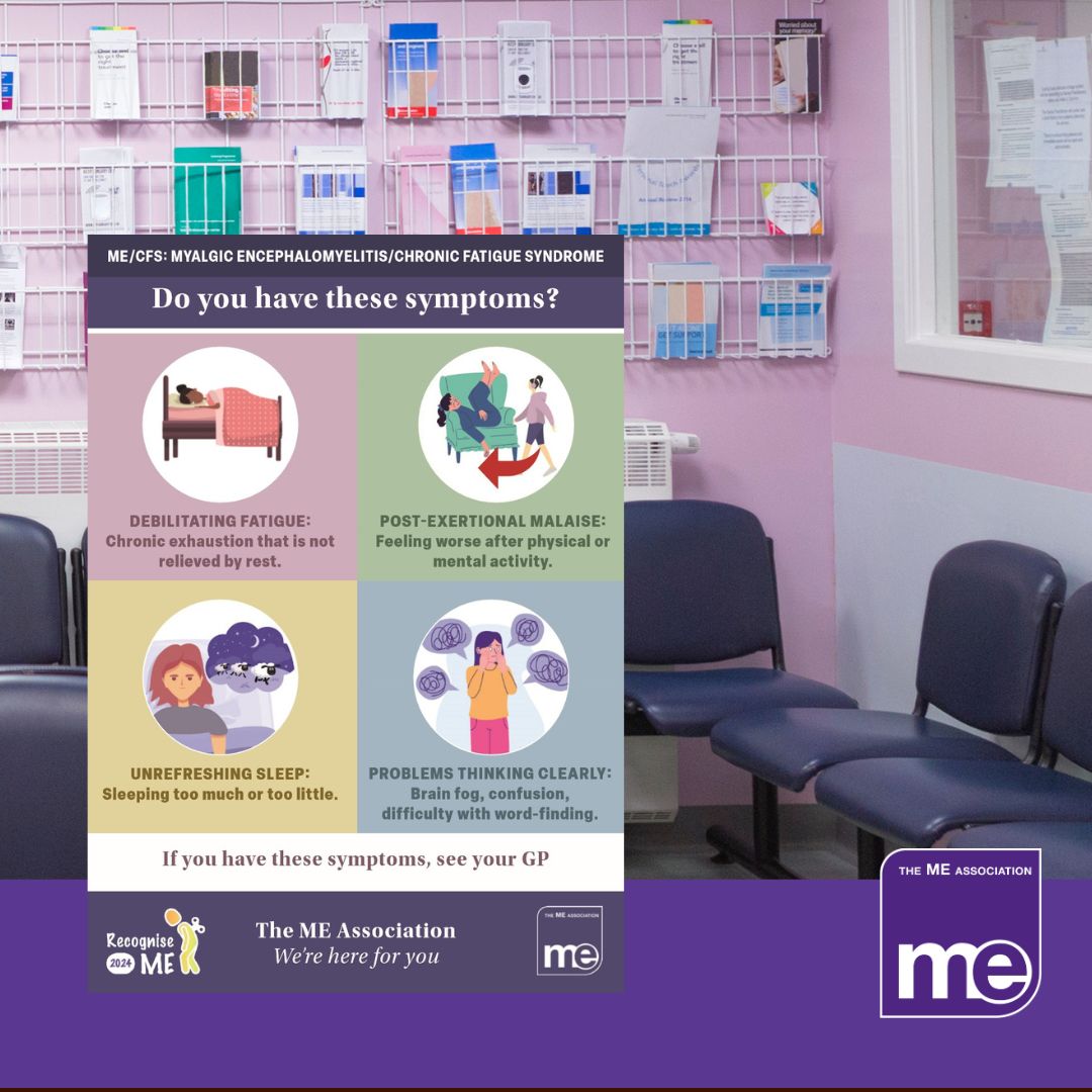 IMAGE DESCRIPTION: An image of a GP practice waiting room with a leaflet stand. With a copy of the leaflet on the left hand side. The ME Association Logo (bottom right).