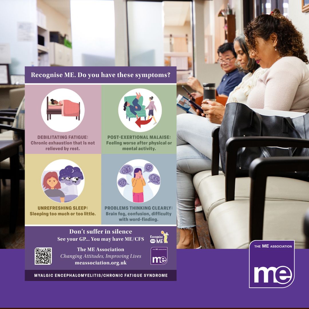 IMAGE DESCRIPTION: An image of people in a waiting room with a copy of the poster on the left hand side. The ME Association Logo (bottom right)