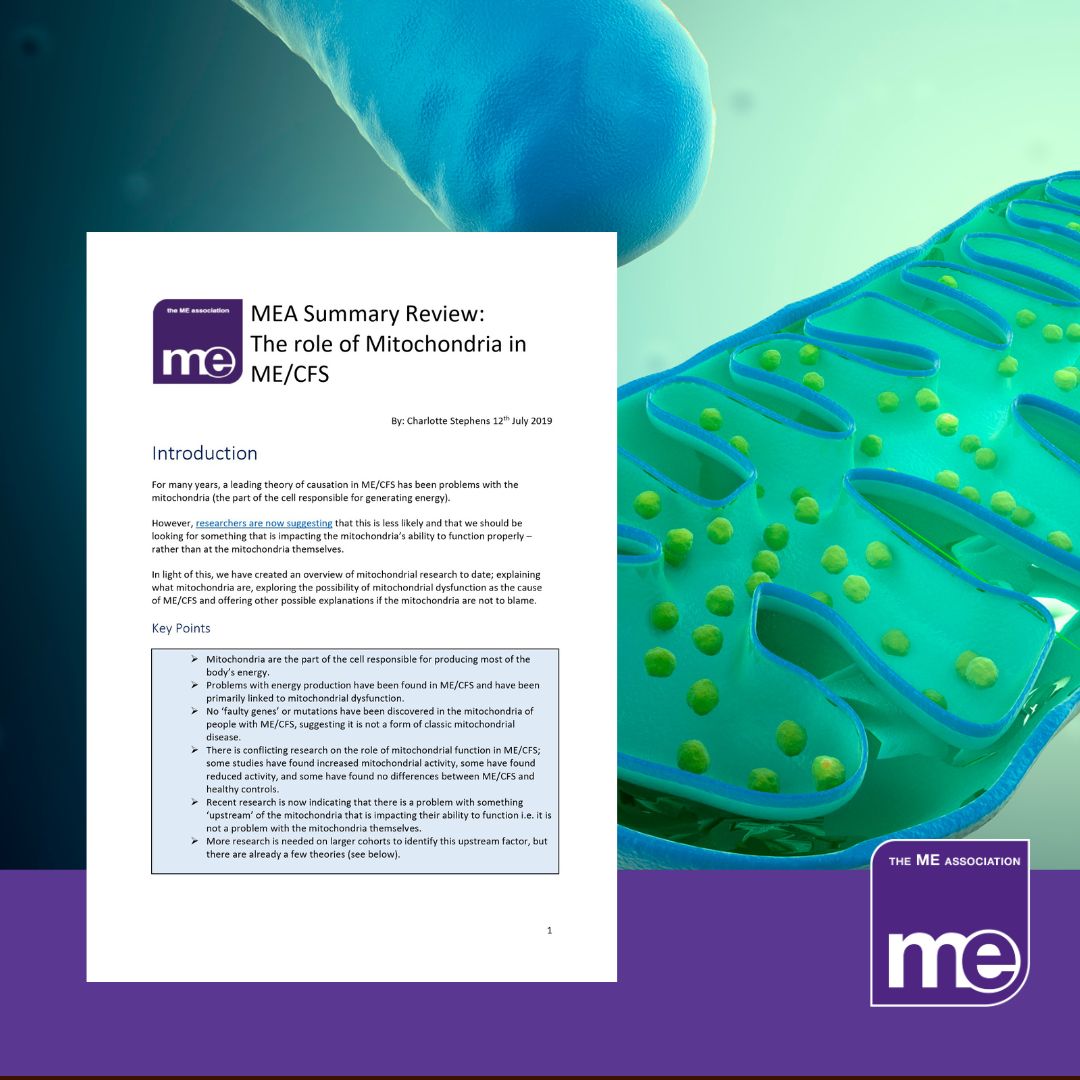 IMAGE DESCRIPTION: An image of mitochondria with the front cover of the research summary. The ME Association Logo (bottom right).