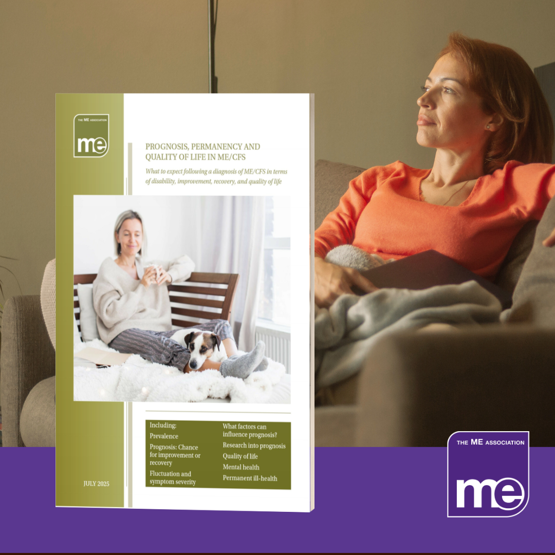 IMAGE DESCRIPTION: An image of a lady on a sofa representing a person with ME/CFS. With the cover of the booklet on the left-hand side and the ME Associaiton Logo (bottom right)