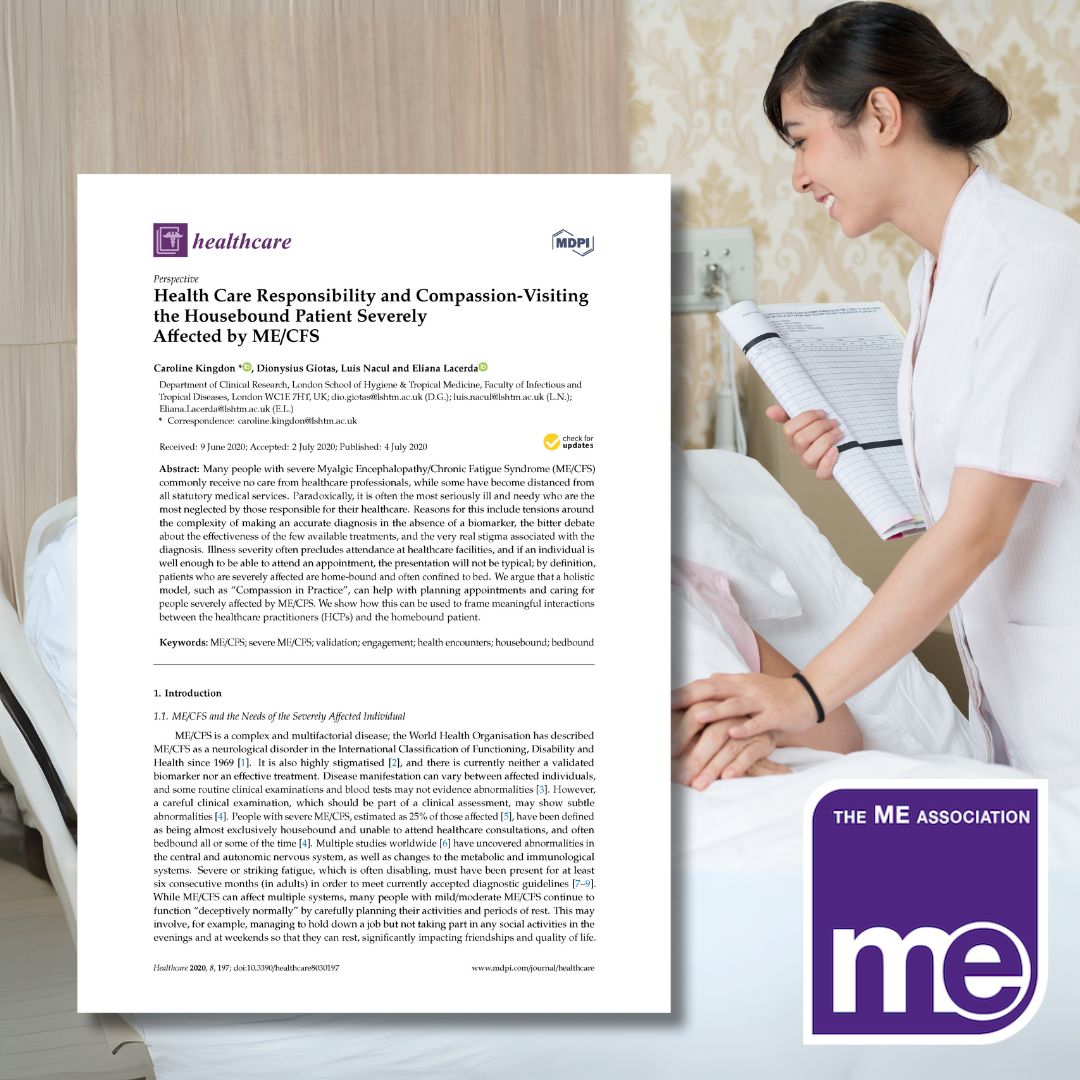 Cover for document "Health-Care-Responsibility-and-Compassion-Visiting-the-Housebound-Patient-Severely-Affected-by-MECFS" showing a nurse helping someone in a bed