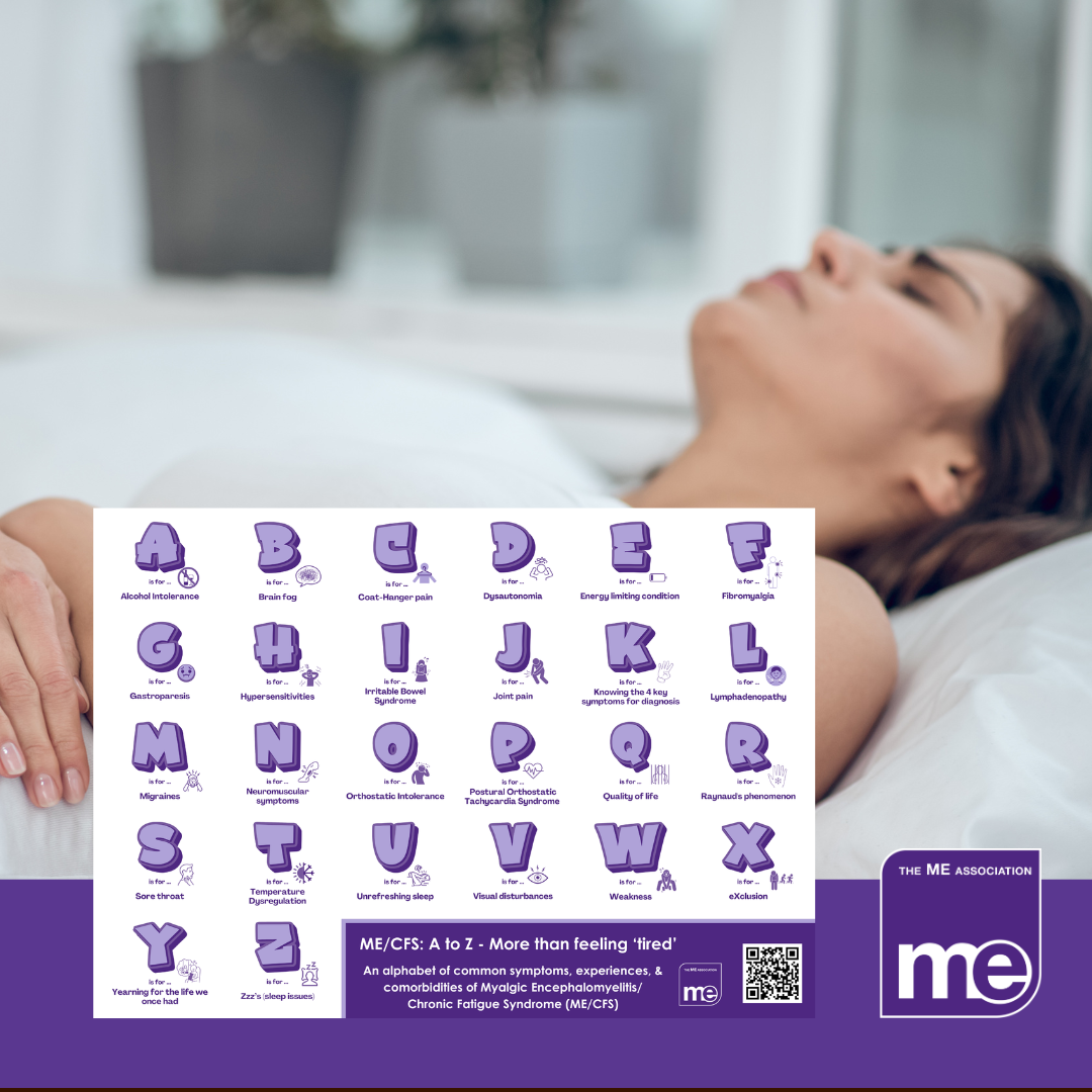 IMAGE DESCRIPTION: An image of a lady in bed to represent ME/CFS. A image of the A to Z poster on the left with the ME Association Logo (bottom right)