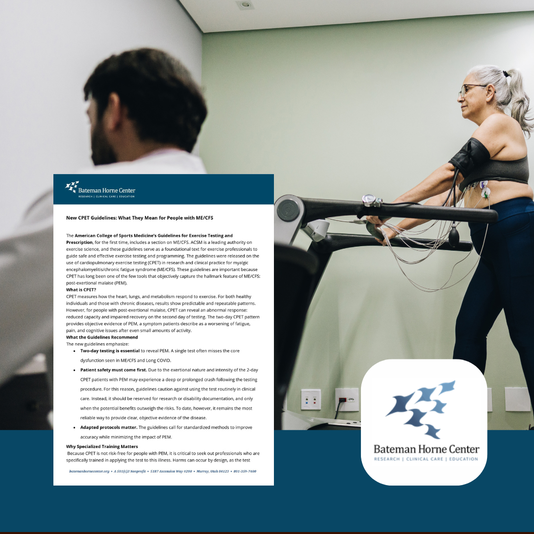 IMAGES DESCRIPTION: A lady undergoing a CPET test. Title: Bateman and Horne: American College of Sports Medicine’s CPET Guidelines. Bateman & Horne Logo (bottom right)