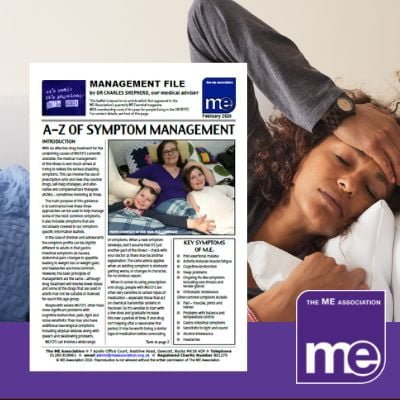 IMAGE DESCRIPTION: An image of a person of colour led in bed with one hand on her head. With an overlay of an image of the first page of the leaflet (bottom left) and the ME Association logo (bottom right).