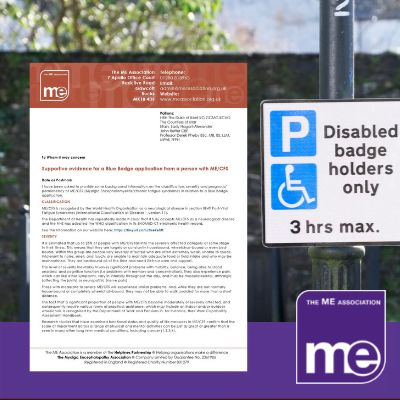 IMAGE DESCRIPTION: An image of a Disabled Badge Holders Only Sign. With an overlay of the first page of the template letter (bottom left) and the ME Association logo (bottom right).