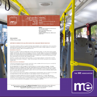 IMAGE DESCRIPTION: A picture of the inside of a bus.. With an overlay of the image of the first page of the template letter (bottom left) and the ME Association logo (bottom right).