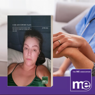 IMAGE DESCRIPTION: Healthcare professional holding a young persons hand, With an overlay of an image of the booklet cover (bottom left) and the ME Association logo (bottom right)