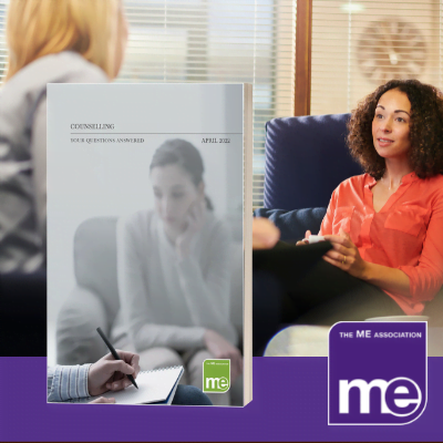 IMAGE DESCRIPTION: A person of colour chatting to a counsellor. With an overlay of the cover of the guide (bottom left) and the ME Association logo (bottom right).