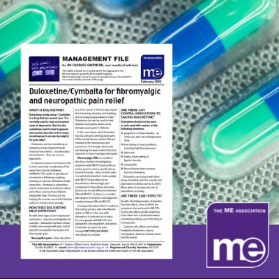 IMAGE DESCRIPTION: An image of the medication Duloxetine (Cymbalta). With an overlay of an image of the first page of the leaflet (bottom left) and the ME Association logo (bottom right).