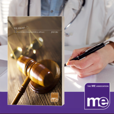 IMAGE DESCRIPTION: Image of a doctor writing a letter as medical evidence. With an overlay of an image of the benefit guide's cover (bottom left) and the ME Association (bottom right).