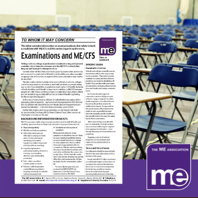 IMAGE DESCRIPTION: An exam hall set up with empty chairs and desks ready for people to take exams. With an overlay of the first page of the template letter (bottom left) and the ME Association logo (bottom left).