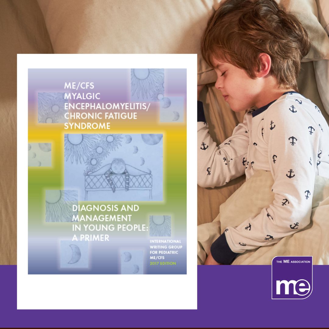 IMAGE DESCRI:PTION: An image of a boy in bed with ME/CFS with an overlay of the first page of this leaflet. The ME Association Logo (bottom right)