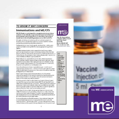 IMAGE DESCRIPTION: An image of a vaccine vial. With an overlay of the first page of the template letter (bottom left) and the ME Association logo (bottom right).