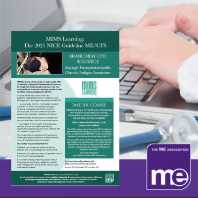 IMAGE DESCRIPTION: Image of a healthcare professional on a laptop. With an overlay of the image of the poster (bottom left) and the ME Association logo (bottom right).