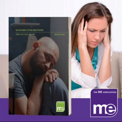 IMAGE DESCRIPTION: A lady with her head in her hands. With an overlay of an image of the booklet cover (bottom left) and the ME Association logo (bottom right),