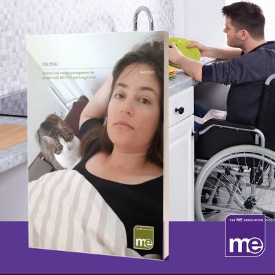 IMAGE DESCRIPTION: An image of a man in a wheelchair sitting in front of a kitchen worktop drying crockery. With an overlay of the cover of the booklet (bottom left) and the ME Association logo (bottom right)