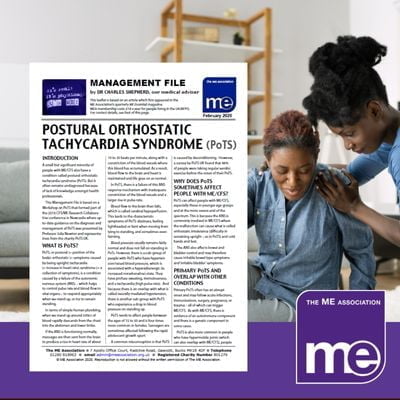 IMAGE DESCRIPTION: An image of two people of colour with one caring for another who has fainted. With an overlay of the first page of the leaflet (bottom left) and the ME Association logo (bottom right).