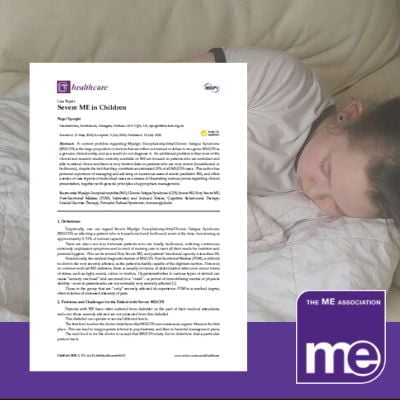 IMAGE DESCRIPTION: An image of an adolescent with severe ME. With an overlay of the first page of the leaflet (bottom left) and the ME Association logo (bottom right)