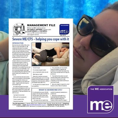 IMAGE DESCRIPTION: An image of a person with severe ME in hospital. With an overlay of the first page of the leaflet (bottom left) and the ME Association logo (bottom right)