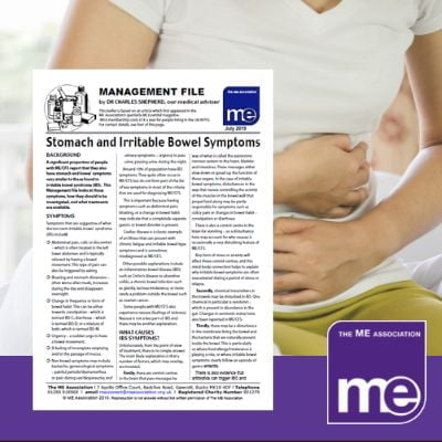 IMAGE DESCRIPTION: An image of a lady holding her stomach due to pain and irritable bowel type symptoms. With an overlay of an image of the first page of the leaflet (bottom left) and the ME Association logo (bottom right).
