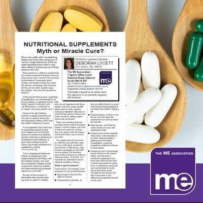 IMAGE DESCRIPTION: An image of different supplements. With an overlay of the first page of the leaflet (bottom left) and the ME Association logo (bottom right).