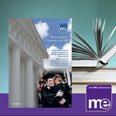 IMAGE DESCRIPTION: A image of a pile of books with the top book open showing fanned out pages: With an overlay of the cover of the booklet (bottom left) and the ME Association logo (bottom right).